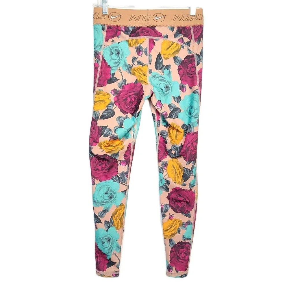 Nike Dri-Fit Leggings Women's M Tan/Purple/Teal/Yellow Floral Pattern‎